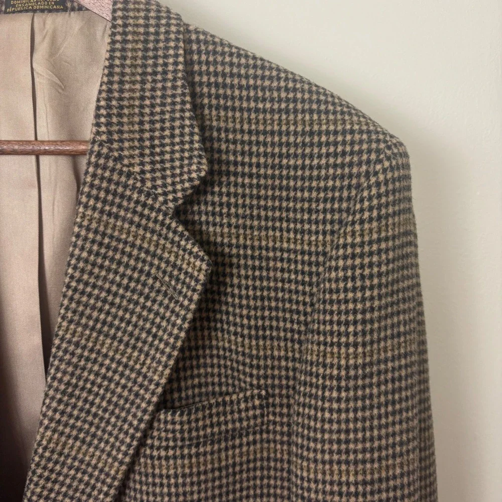 Stafford Blazer Men46L Tan Black Houndstooth Plaid Sport Coat 2B Wool Camel Hair